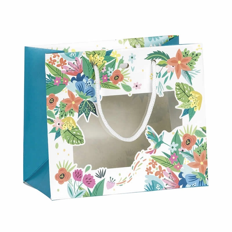 Sac papier bleu/décor fleurs fenêtre PVC